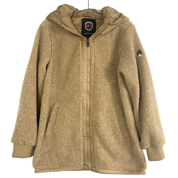 1 Madison Expedition Teddy Jacket Coat Women’s Medium Hooded Full Zip Tan - Picture 1 of 12